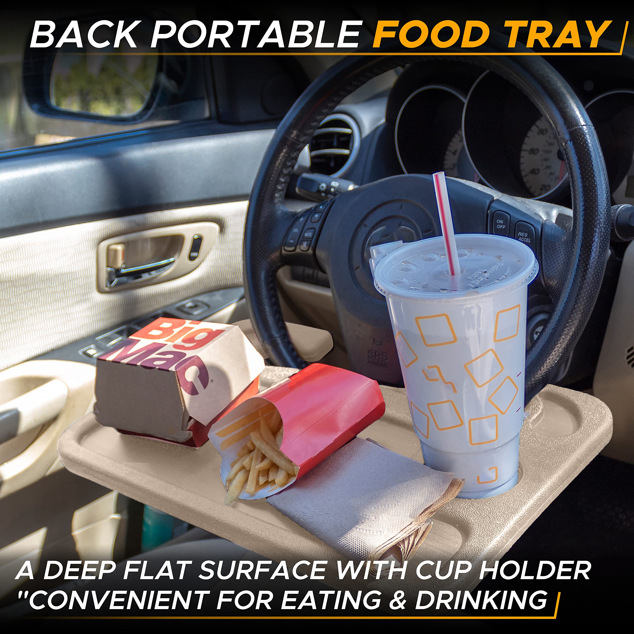 EcoNour 2 in 1 Car Steering Wheel Desk (Beige) multipurpose travel car accessory for laptop, meals, and writing