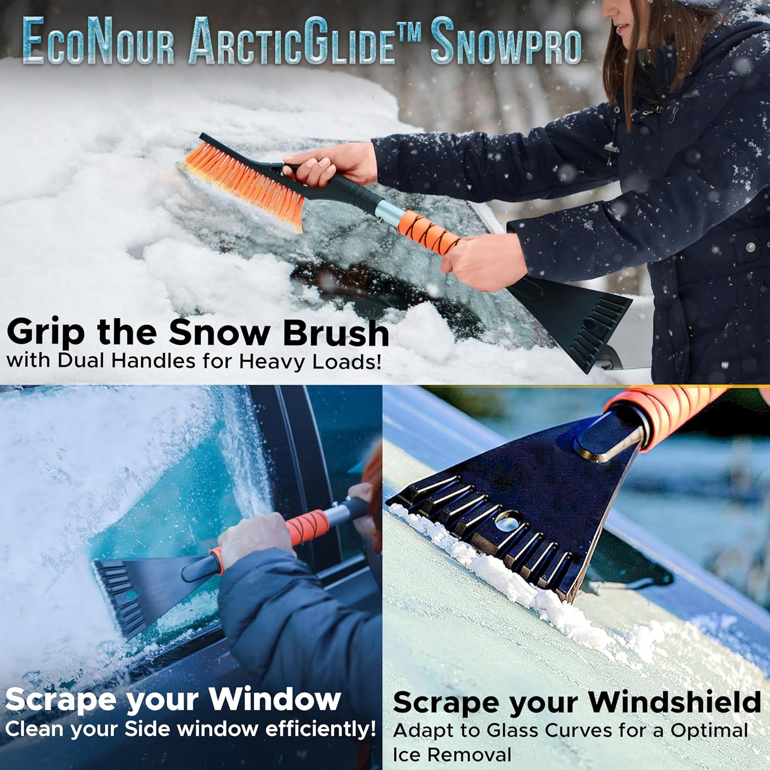 EcoNour 27" Aluminum Snow Brush & Ice Scraper for Car Windshield and Window | Car Snow Scraper and Brush with Ergonomic Foam Grip Winter Accessories (Orange)