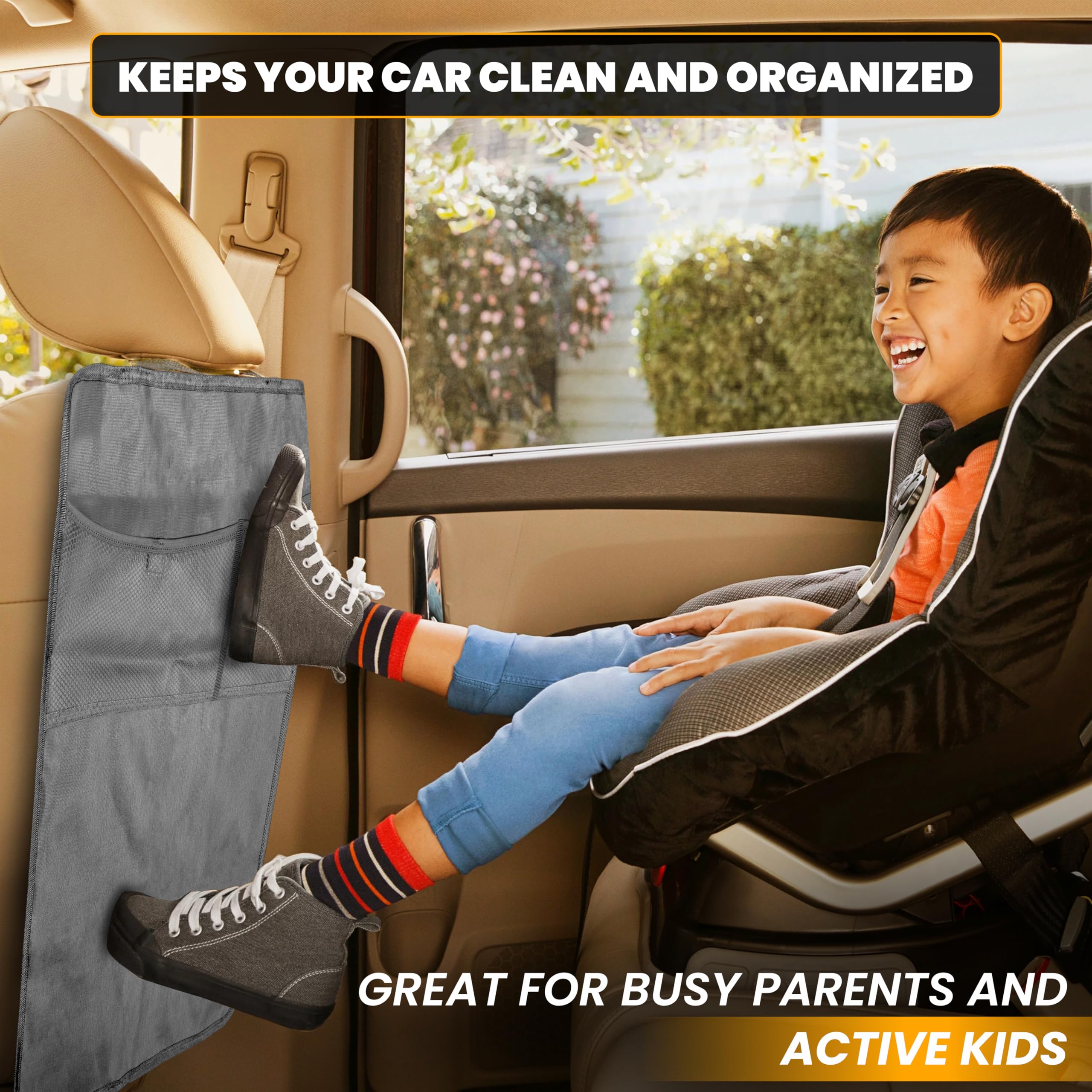 EcoNour Kids Back Seat Protector 2-Pack (Grey) – Durable and washable car seat kick mats.