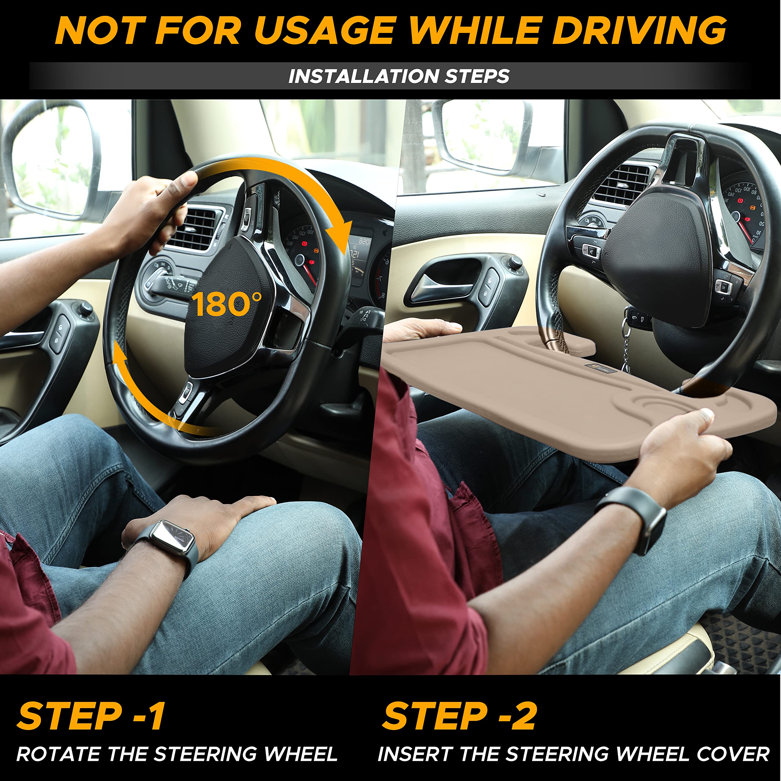 EcoNour 2 in 1 Car Steering Wheel Desk (Beige) multifunctional tray with pen slot and drink holder for vehicles