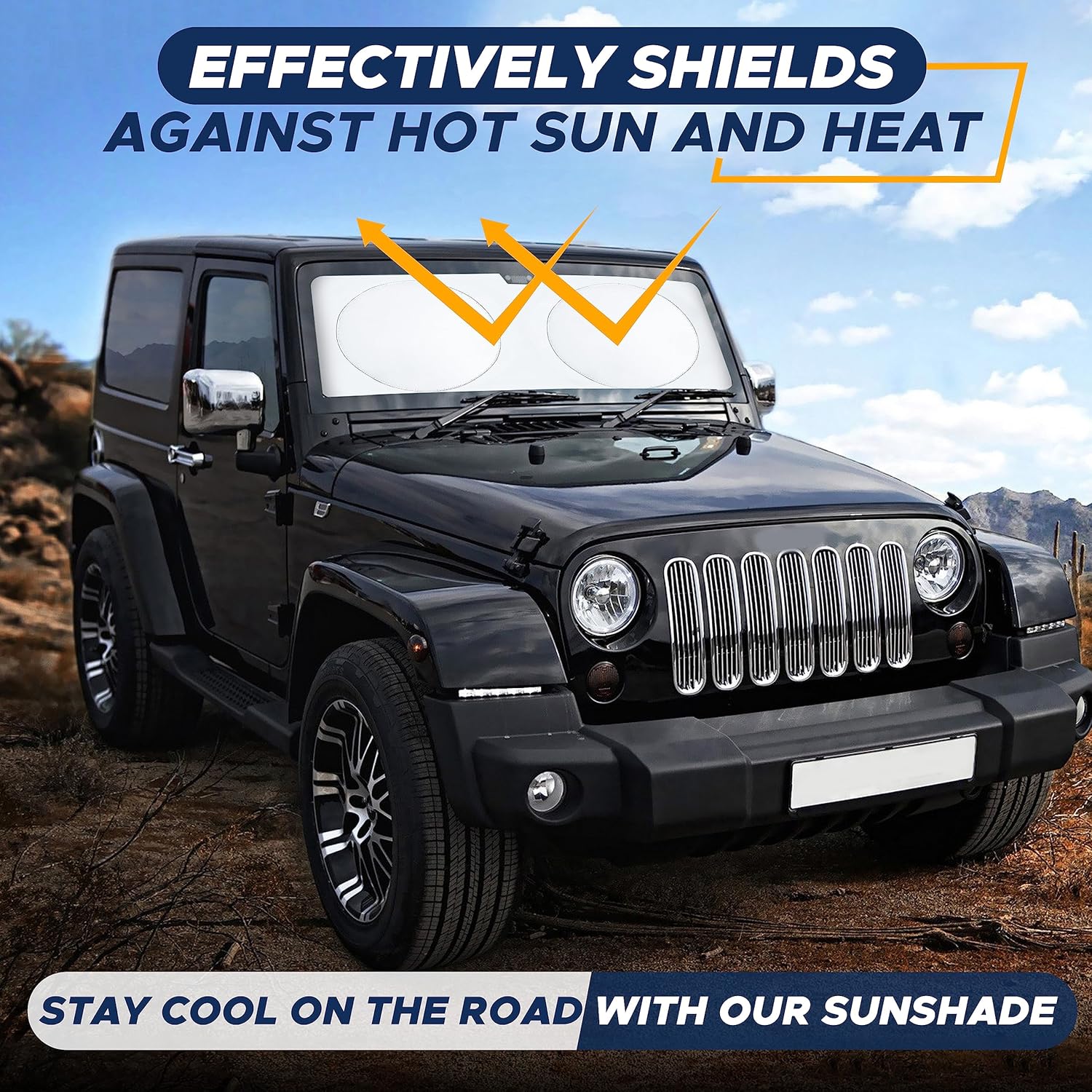 EcoNour Jeep Windshield Sunshade | Sun Visor to Protect UV Rays and Heat Glare | Jeep Accessories Cover | Fits for Wrangler, Gladiator, and Rubicon Models | Jeep Sunshade - X-Small 60 x 21 inches