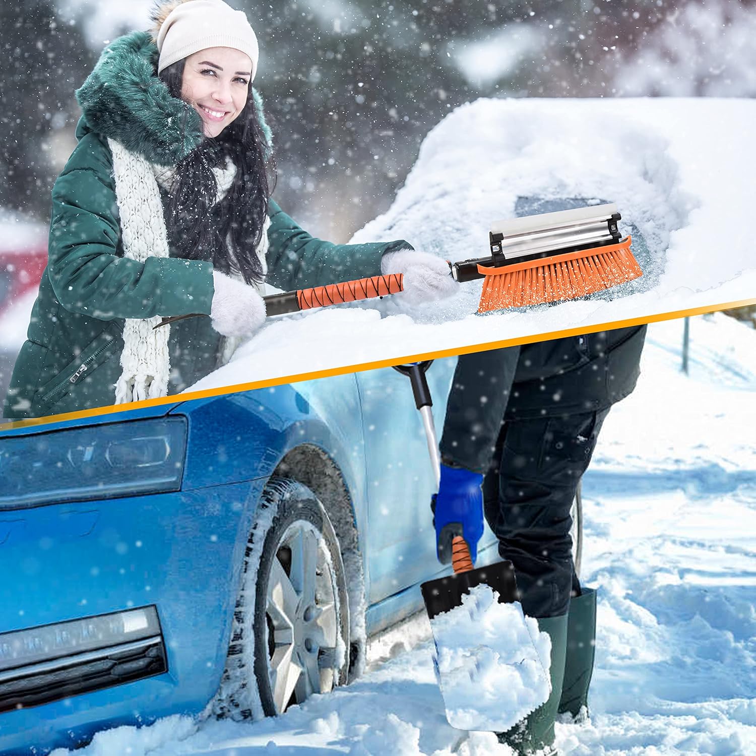 6-in-1 Snow Shovel & Rotating Snow Brush by EcoNour, includes ice scraper for winter car use.