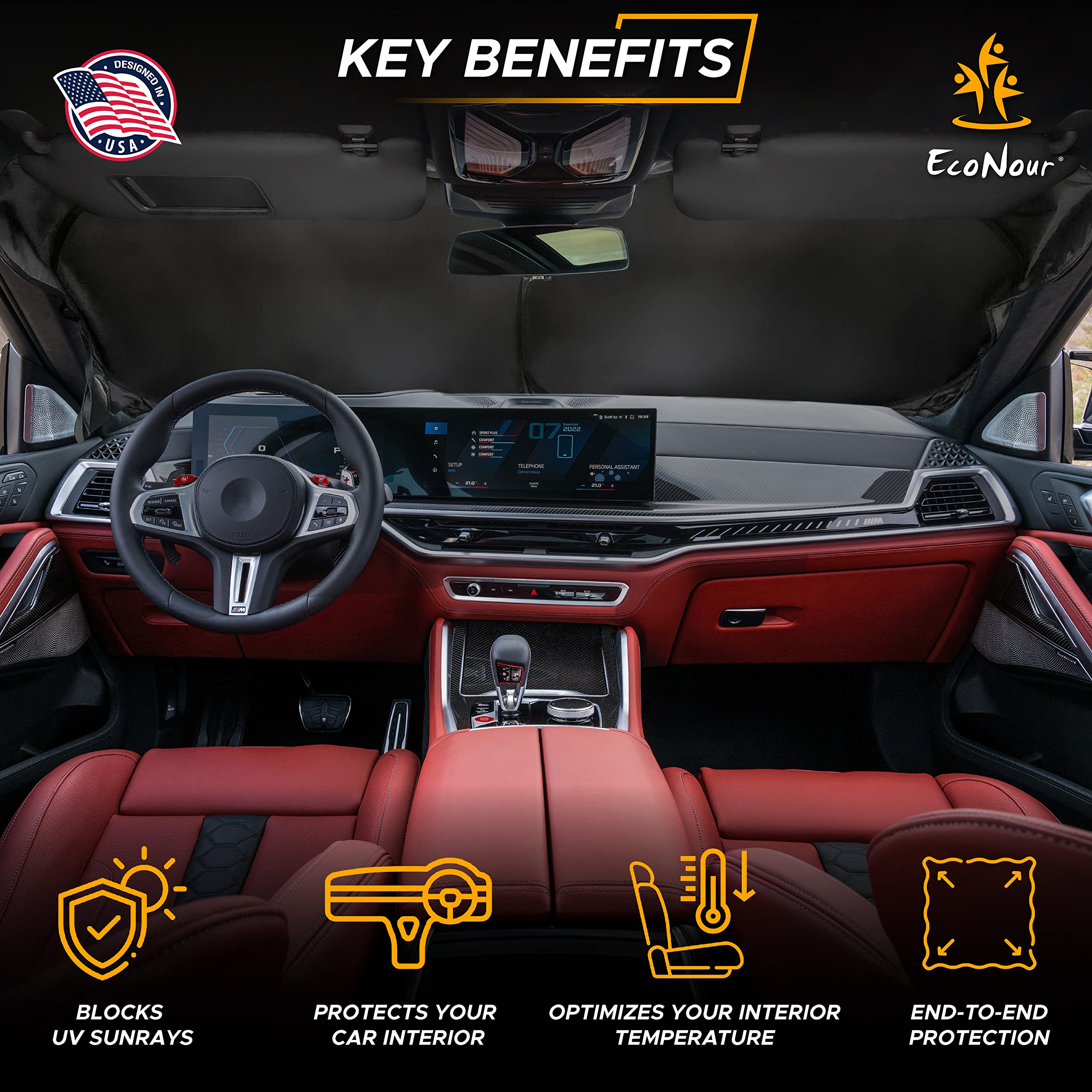 Foldable Windshield Sun Shade by EcoNour for Car Front Window