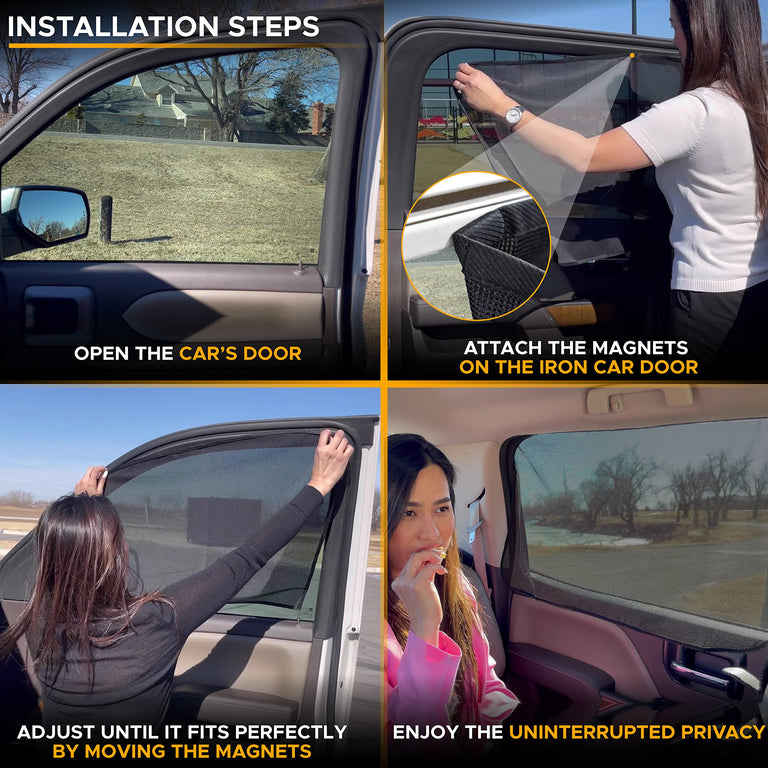 Magnetic Side Window Sunshade for baby car travel, glare and heat protection.