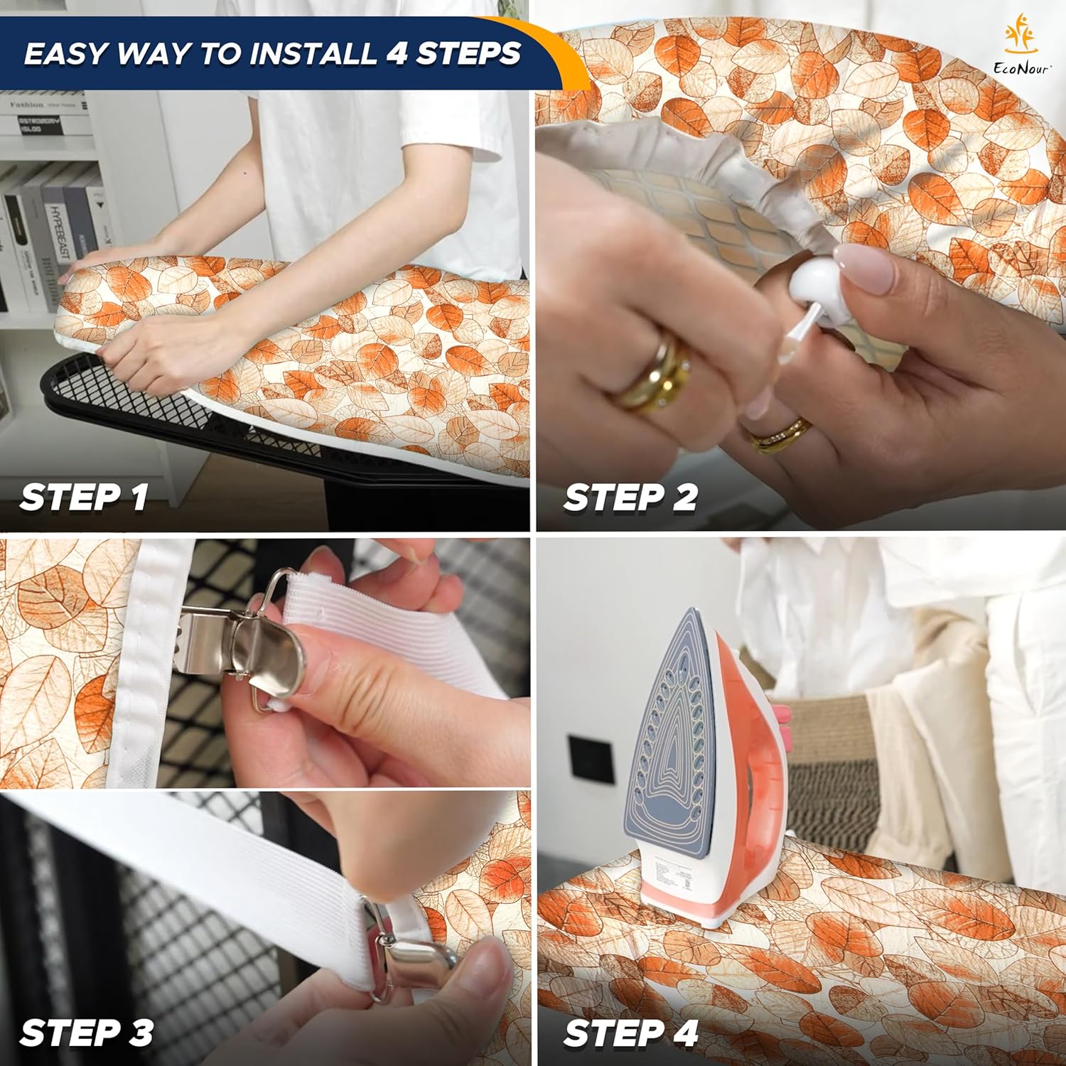 EcoNour Ironing Board Covers 124 x 38 cm Extra Thick 7mm Padding, 100% Cotton Top Covers Easy-Fit for Protecting Ironing Board Cover Complete Set with 4 Strings and Scorch Resistant Padding - Large