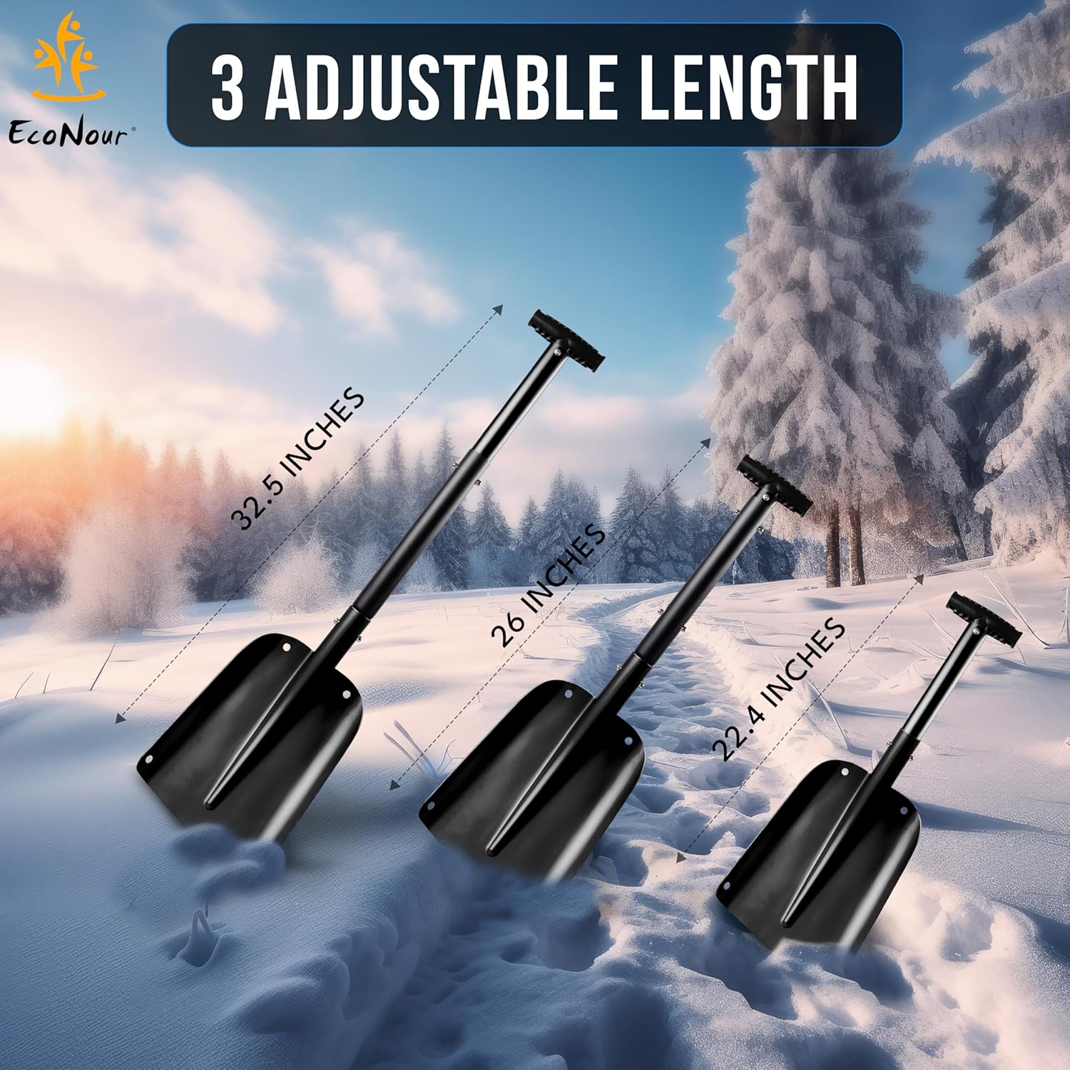 Foldable Multipurpose Snow Shovel for Car, EcoNour durable aluminum shovel for snow and sand.
