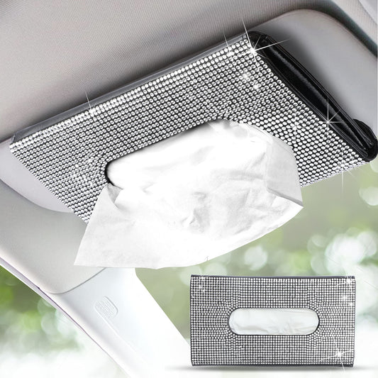 EcoNour Bling Car Crystal Glitter Paper Towel Holder | PU Leather Case | Mask & Tissue Dispenser| Bling Accessories for Women | Sun Visor Organizer with Tissue Holder