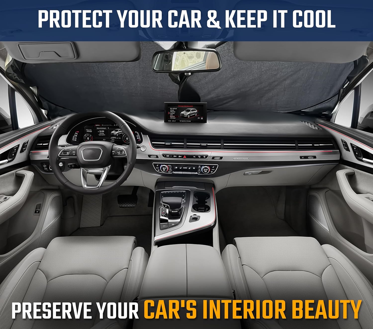 EcoNour Car Windshield Sun Shade with Mirror Cut-Out | Durable 240T Material Car Sun Visor for UV Rays and Sun Heat Protection | Car Interior Accessories for Cooler Interior | Small (59