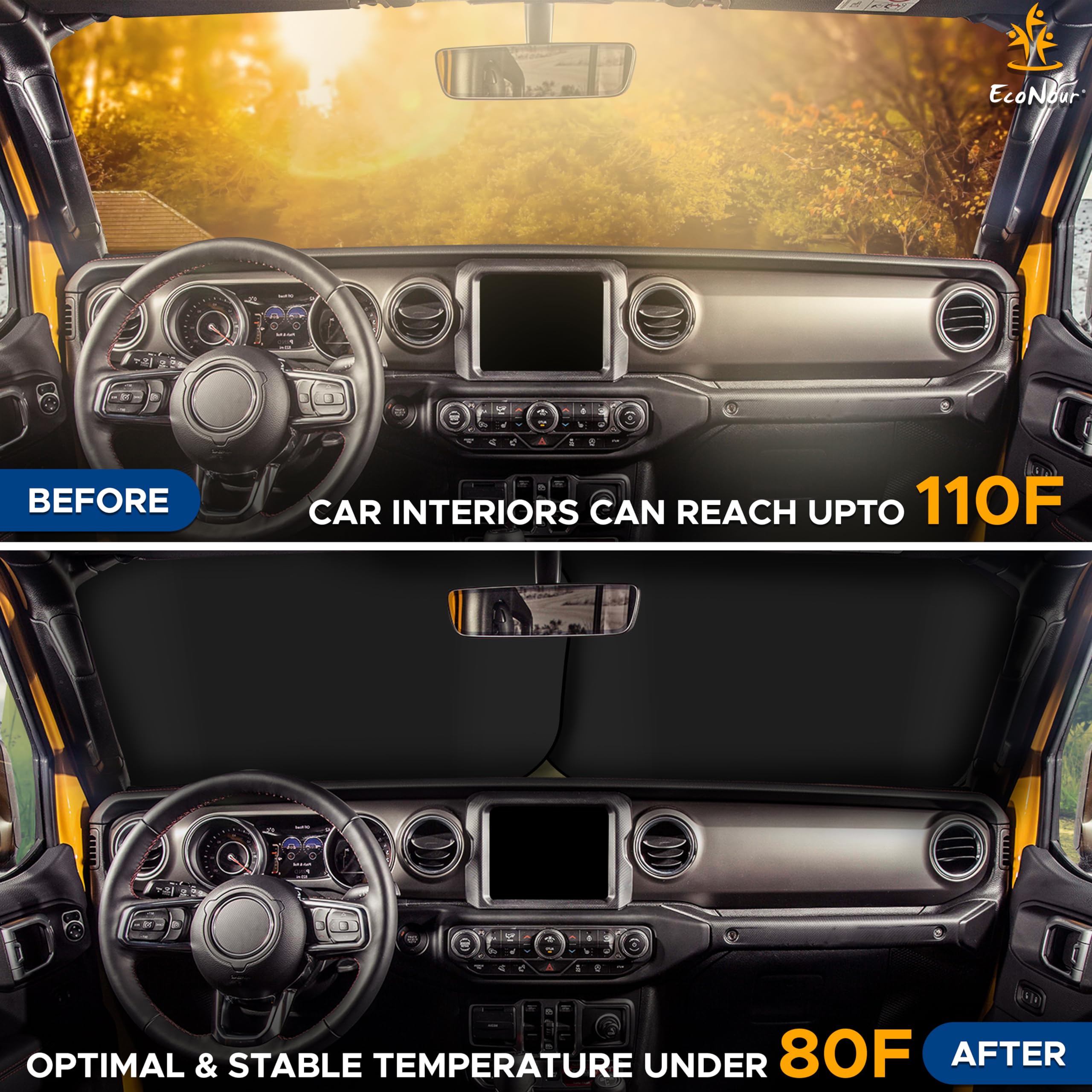 Jeep Windshield Sunshade | EcoNour Easy Install Foldable Sunshade for Jeep Vehicles