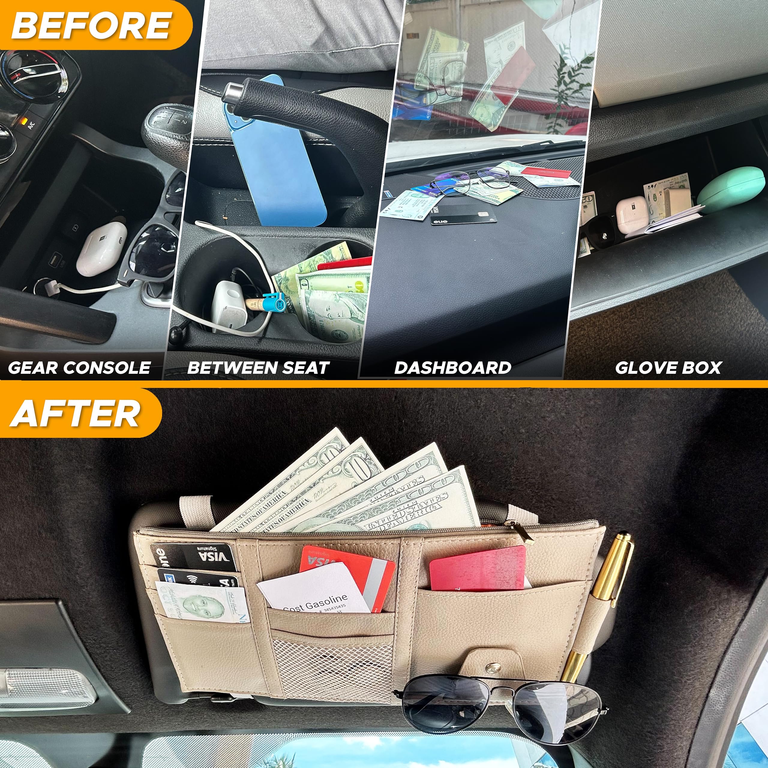Car Sun Visor Organizer for storing sunglasses, cash, cards, and pens