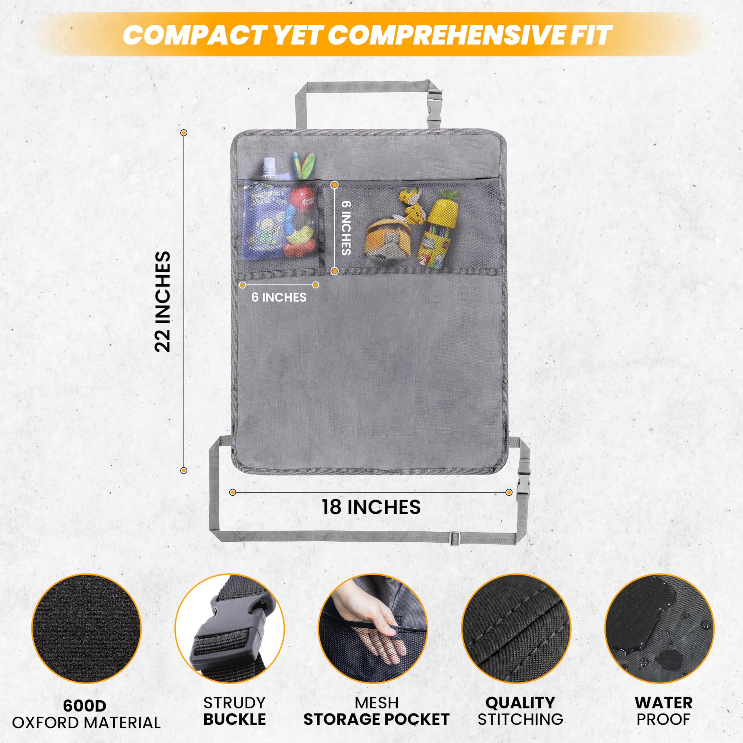 Back Seat Protector 2-Pack (Grey) – Kids car kick mats with 2-pocket organizer for extra storage.