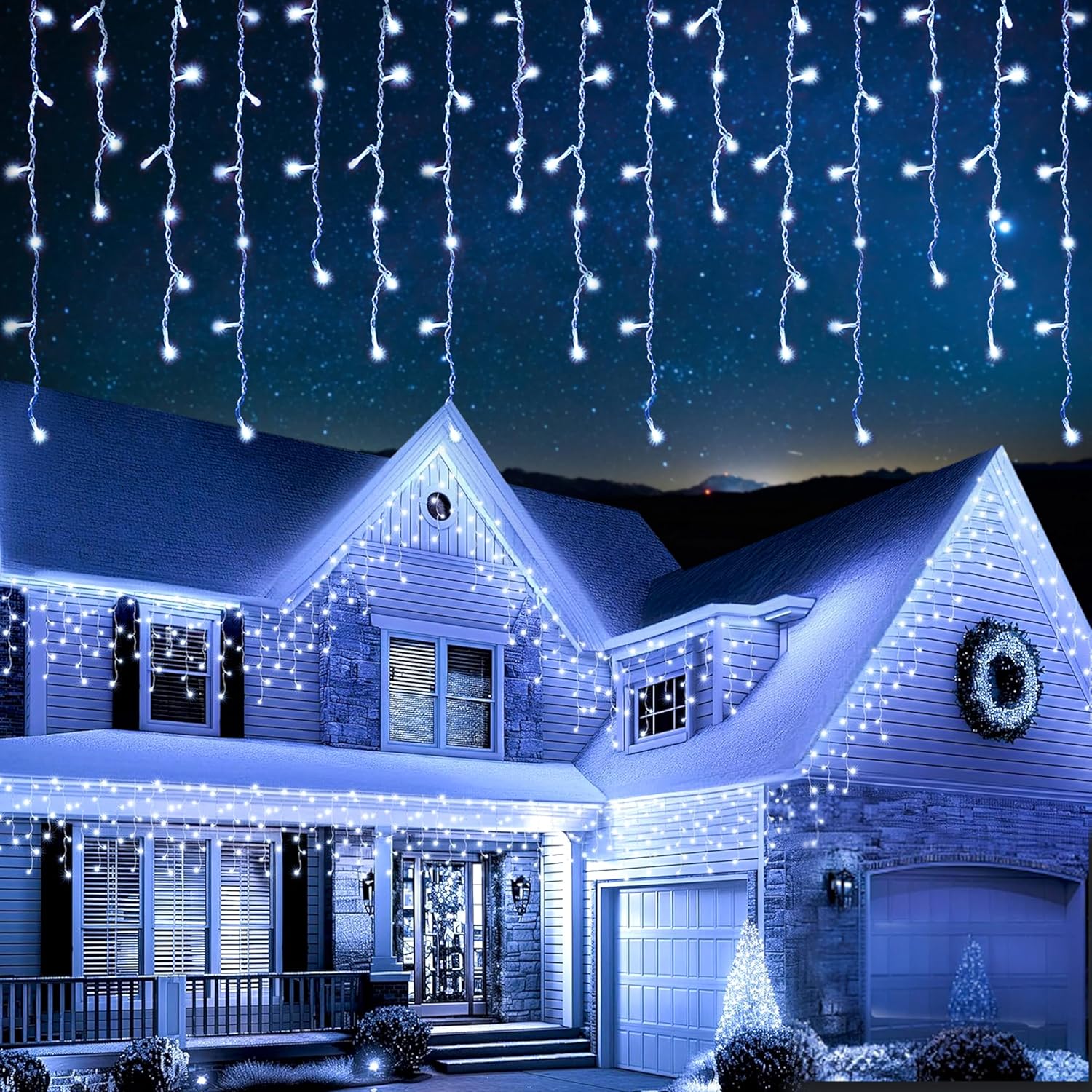 EcoNour Icicle Lights Outdoor Christmas Lights 2000 LED 60M Cool White Decorations String Fairy Lights with Timer for Xmas Garden & Party | Mains Powered Clear Cable