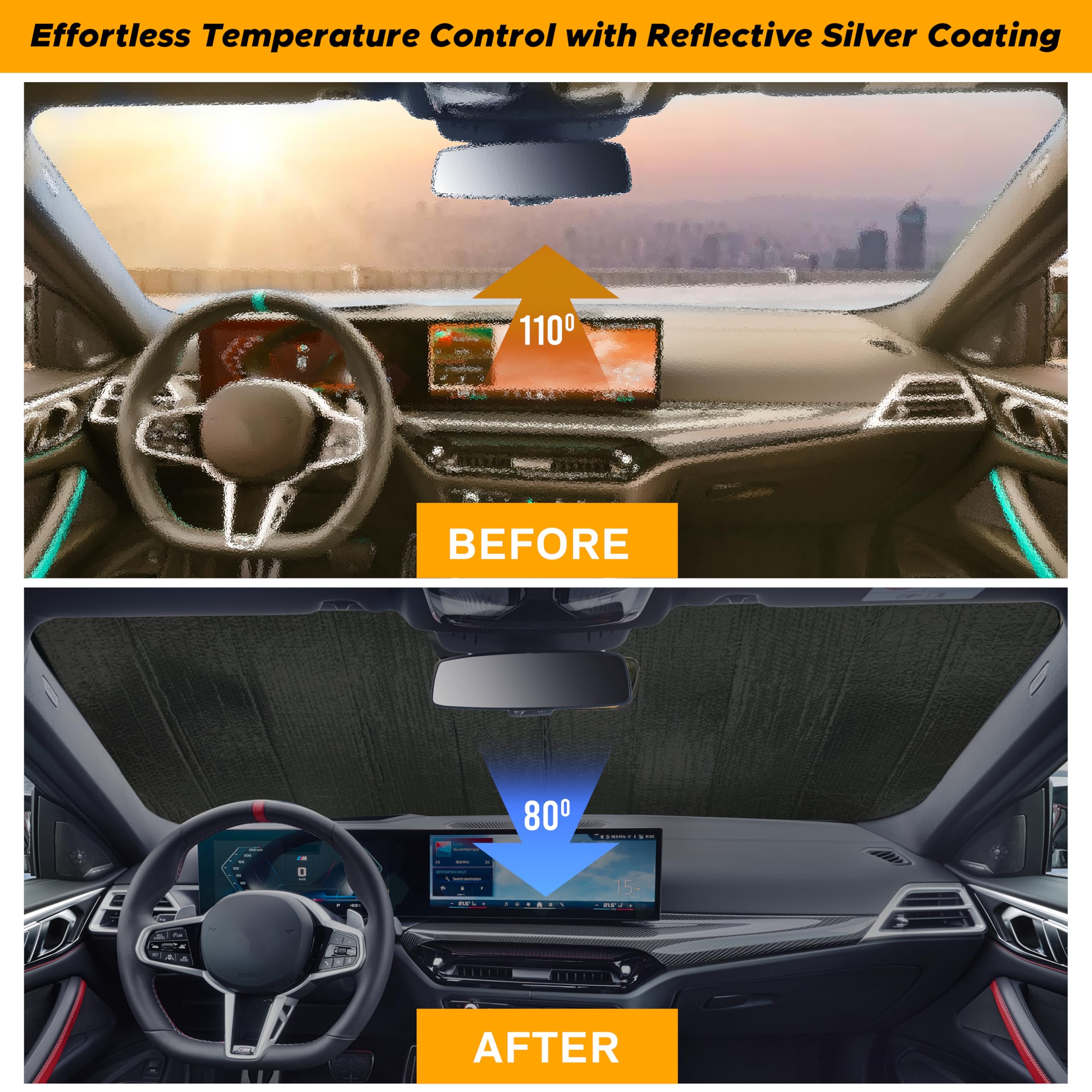 Accordion windshield sun shade foldable EcoNour reflective visor