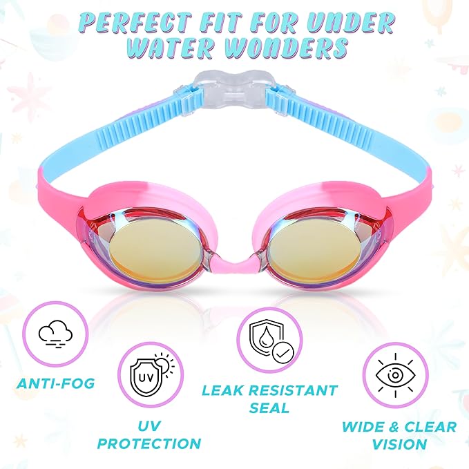 Kids Swim Goggles with comfortable fit, nose clip, and ear plugs
