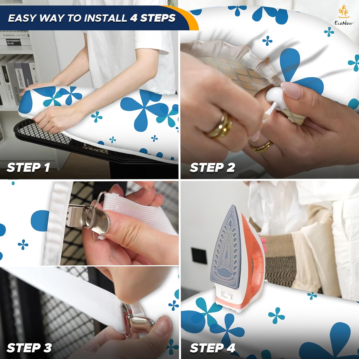 EcoNour Blue Printed Ironing Board Cover with Secure 4 String Fit