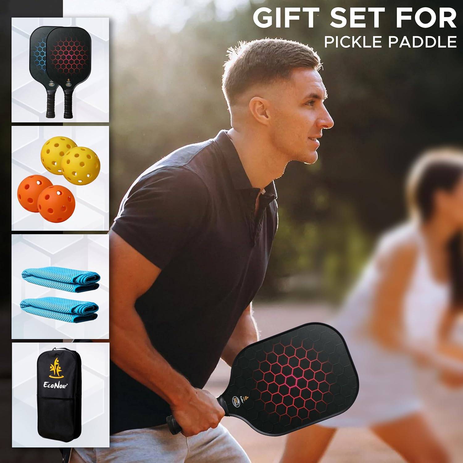 EcoNour Pickleball Paddles Set of 2 – Durable Fiberglass Pickleball Paddles with Comfortable Handles for Men and Women