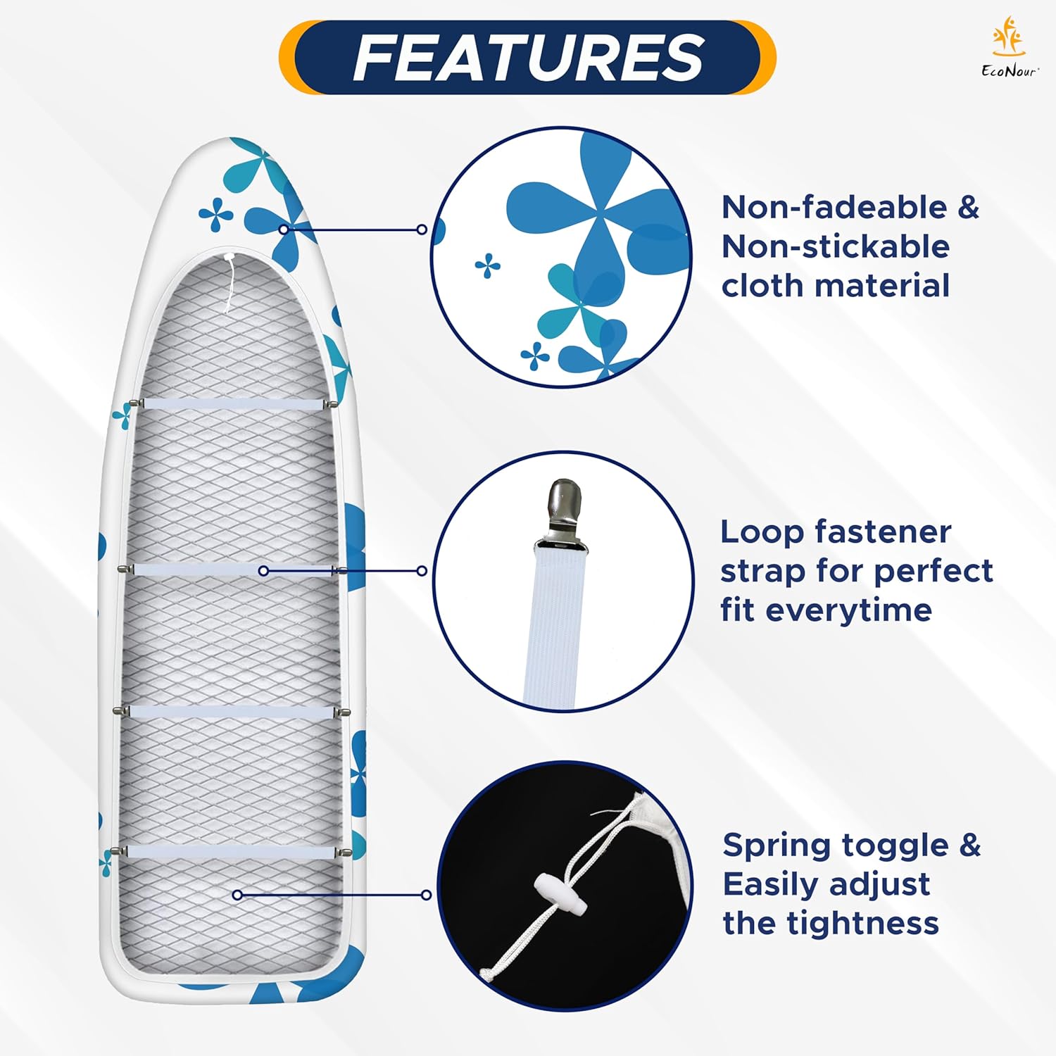 Durable Blue Cotton Ironing Board Cover for Standard Boards 124 x 38 cm