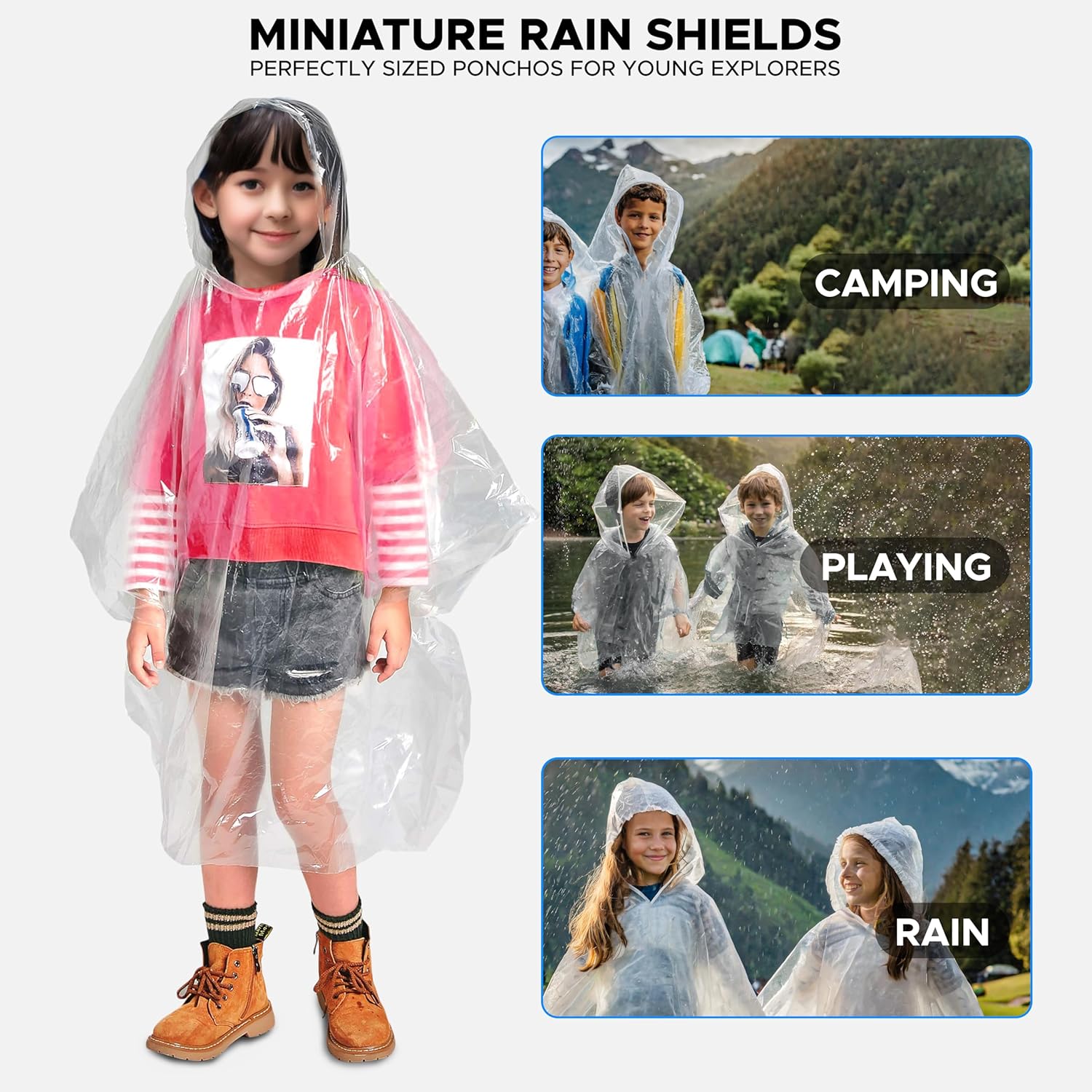 Rain Poncho for Kids with clear hood for maximum visibility and comfort
