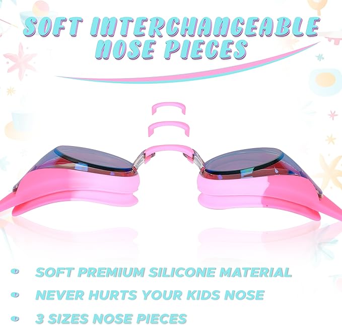 Kids Swim Goggles with comfortable fit, nose clip, and ear plugs included