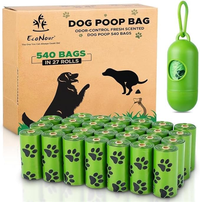 Dog Poo Bags 540 Counts with Dispenser – EcoNour Biodegradable, Leak Proof and Odor-Masking Waste Bags for Dogs