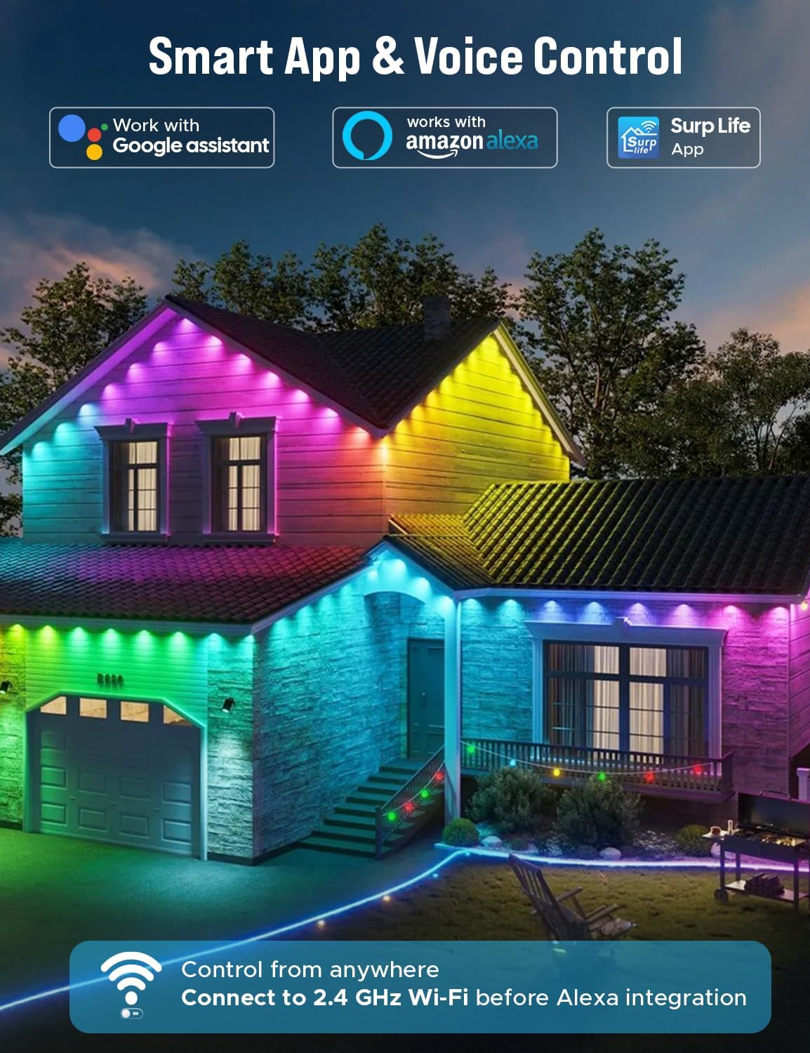 EcoNour 150 FT Smart RGB Outdoor Permanent Lights installed along roofline with multi-color effects