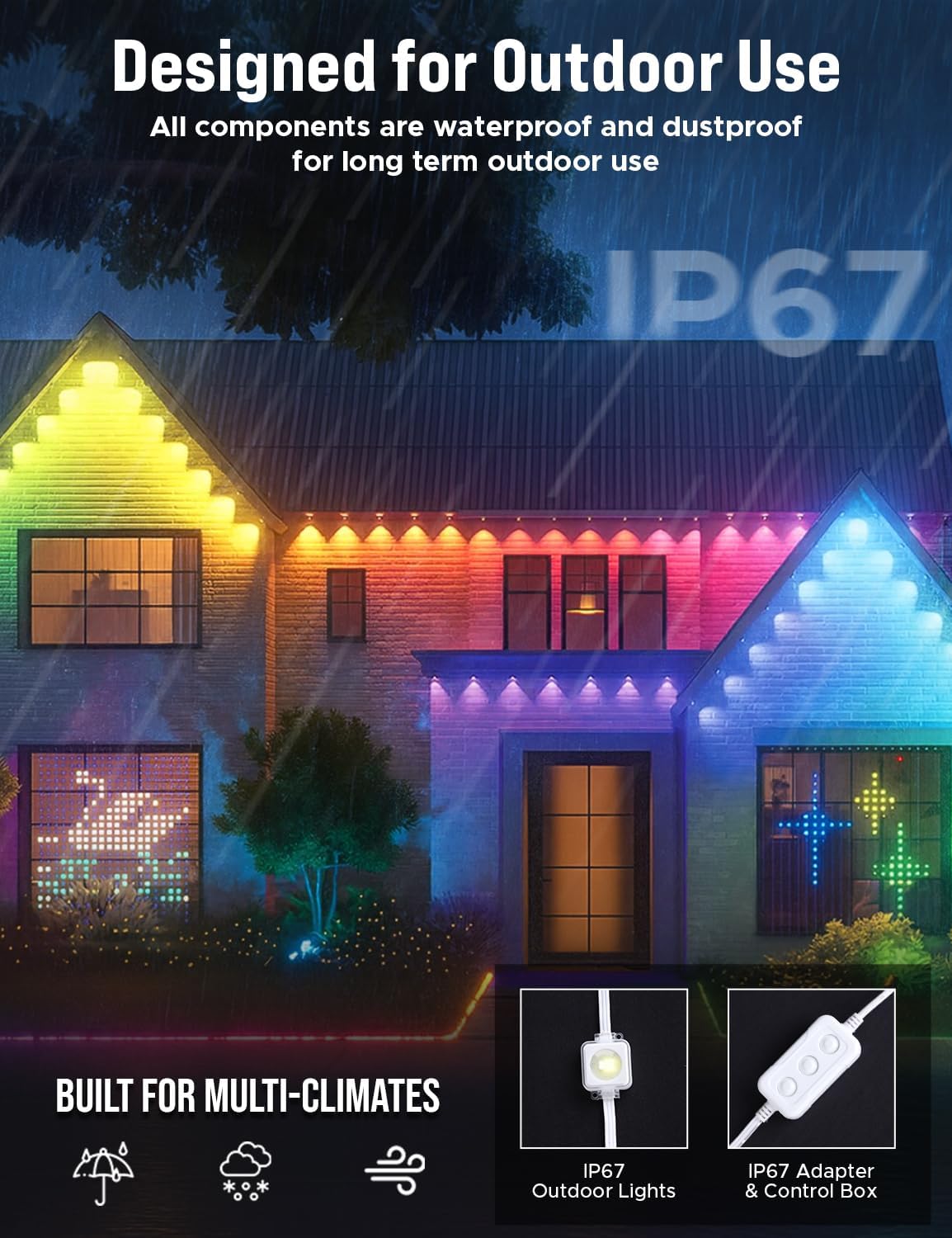 EcoNour 150 FT Smart RGB Outdoor Permanent Lights displaying gradient and chasing animation effects