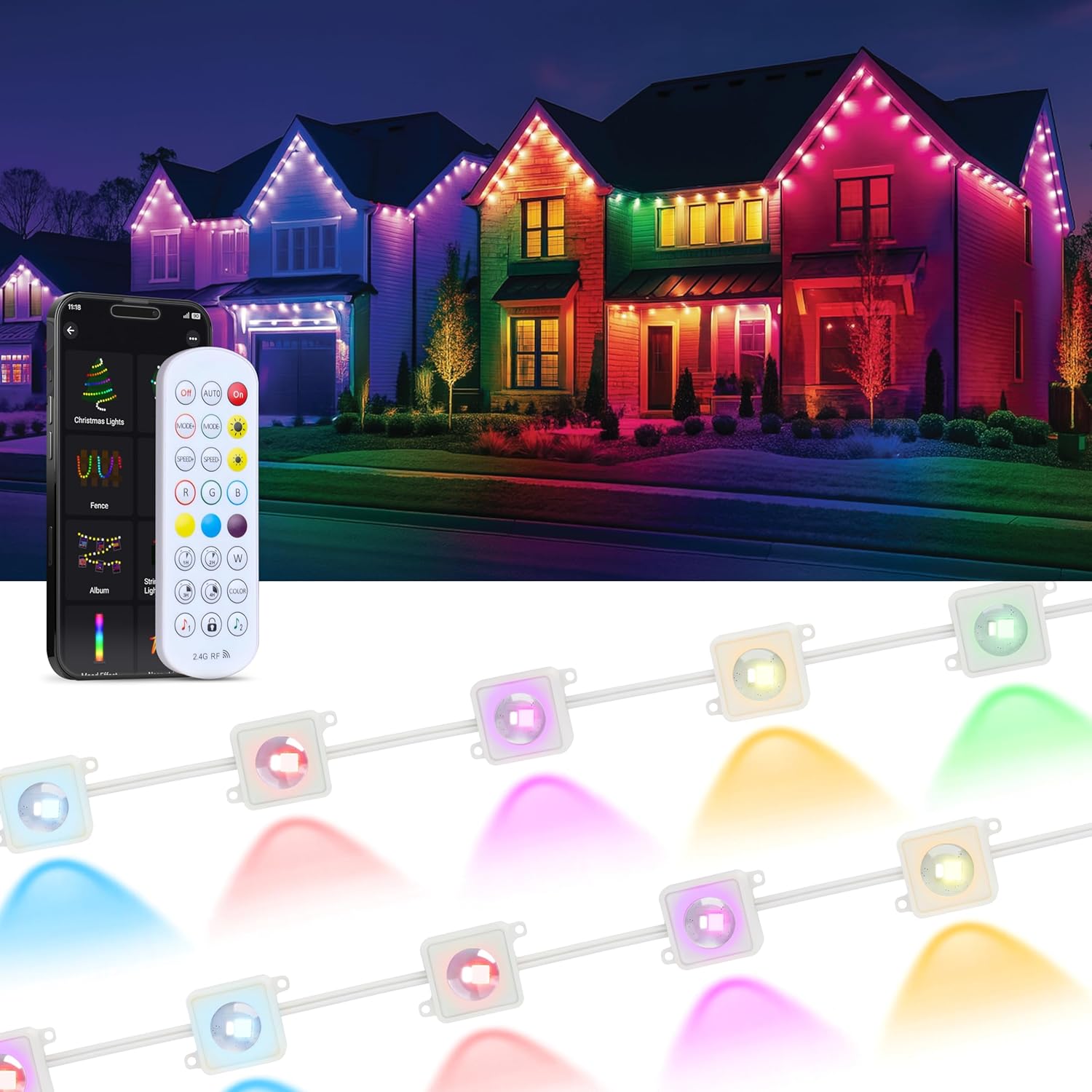 EcoNour 150 FT Smart RGB Outdoor Permanent Lights reacting to music beats with color-changing effects