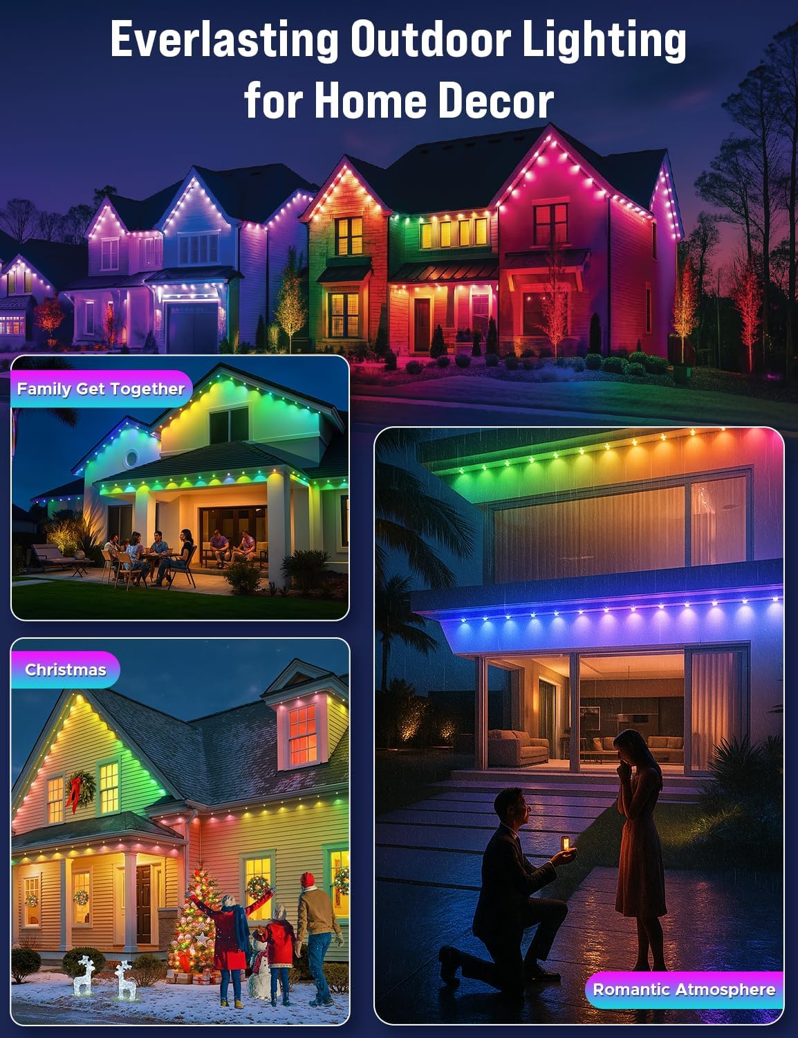 EcoNour 150 FT Smart RGB Outdoor Permanent Lights installed outdoors with weatherproof LED housing