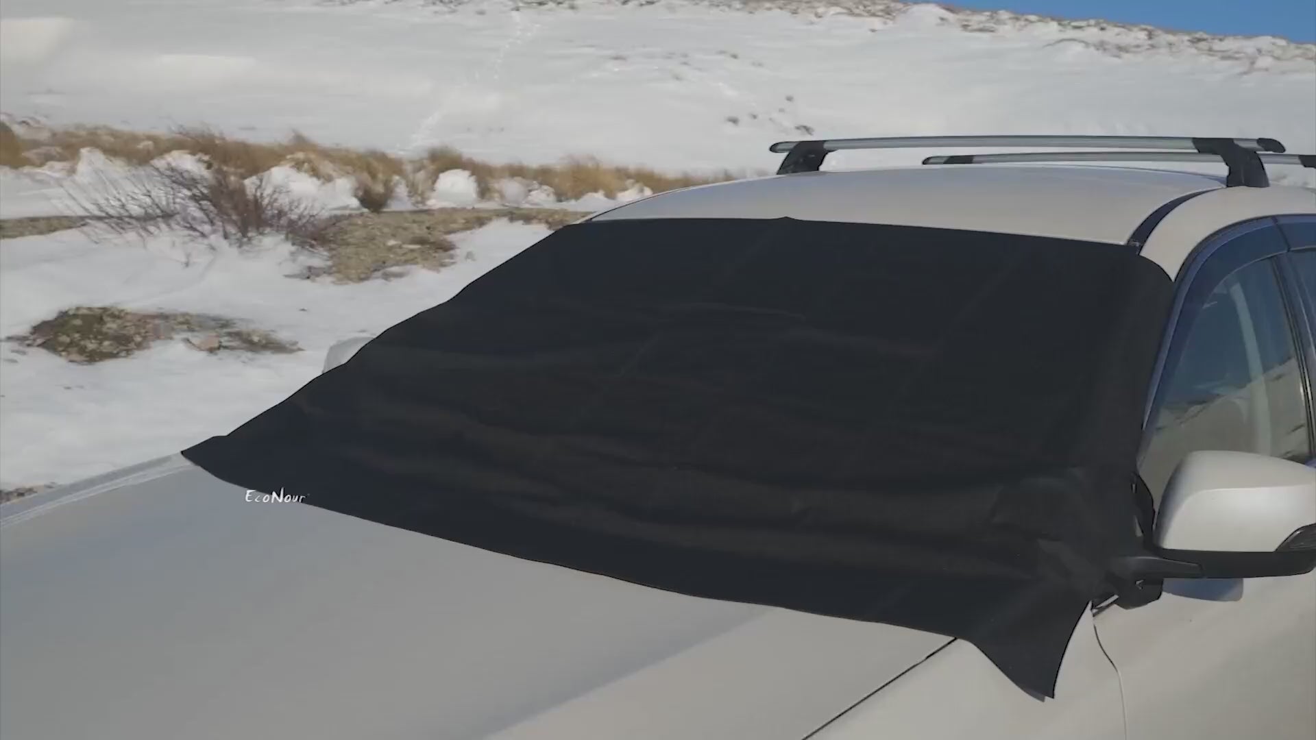 Windshield cover for ice and snow, durable 600D Oxford fabric, waterproof winter car cover, protects compact cars, small SUVs, and small sedans from frost, snow, and ice, foldable windshield protector, automotive winter accessory, front windshield snow shield, car snow and frost blocker, essential car winter protection accessory