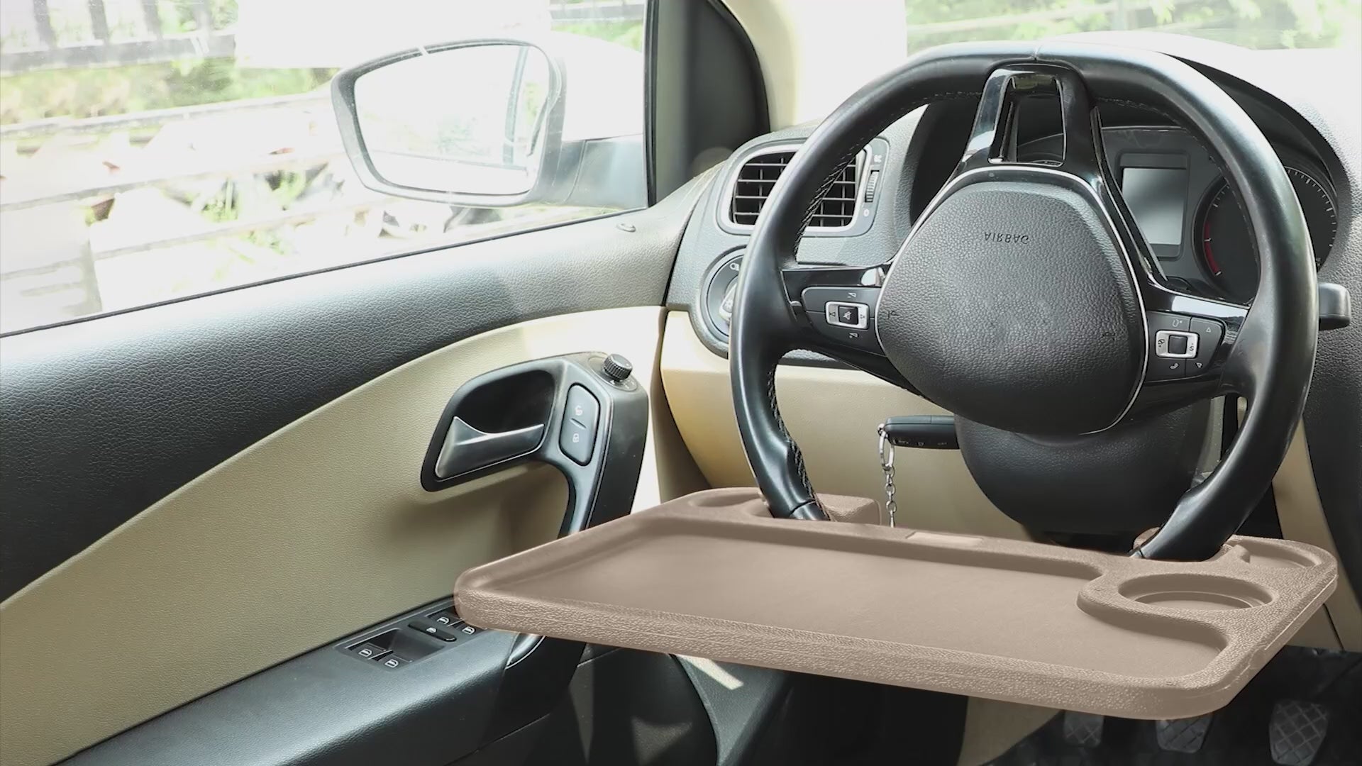 2 in 1 beige car steering wheel desk portable ABS tray with pen holder and cup holder multifunctional laptop tray food tray and drink holder travel car accessories for drivers