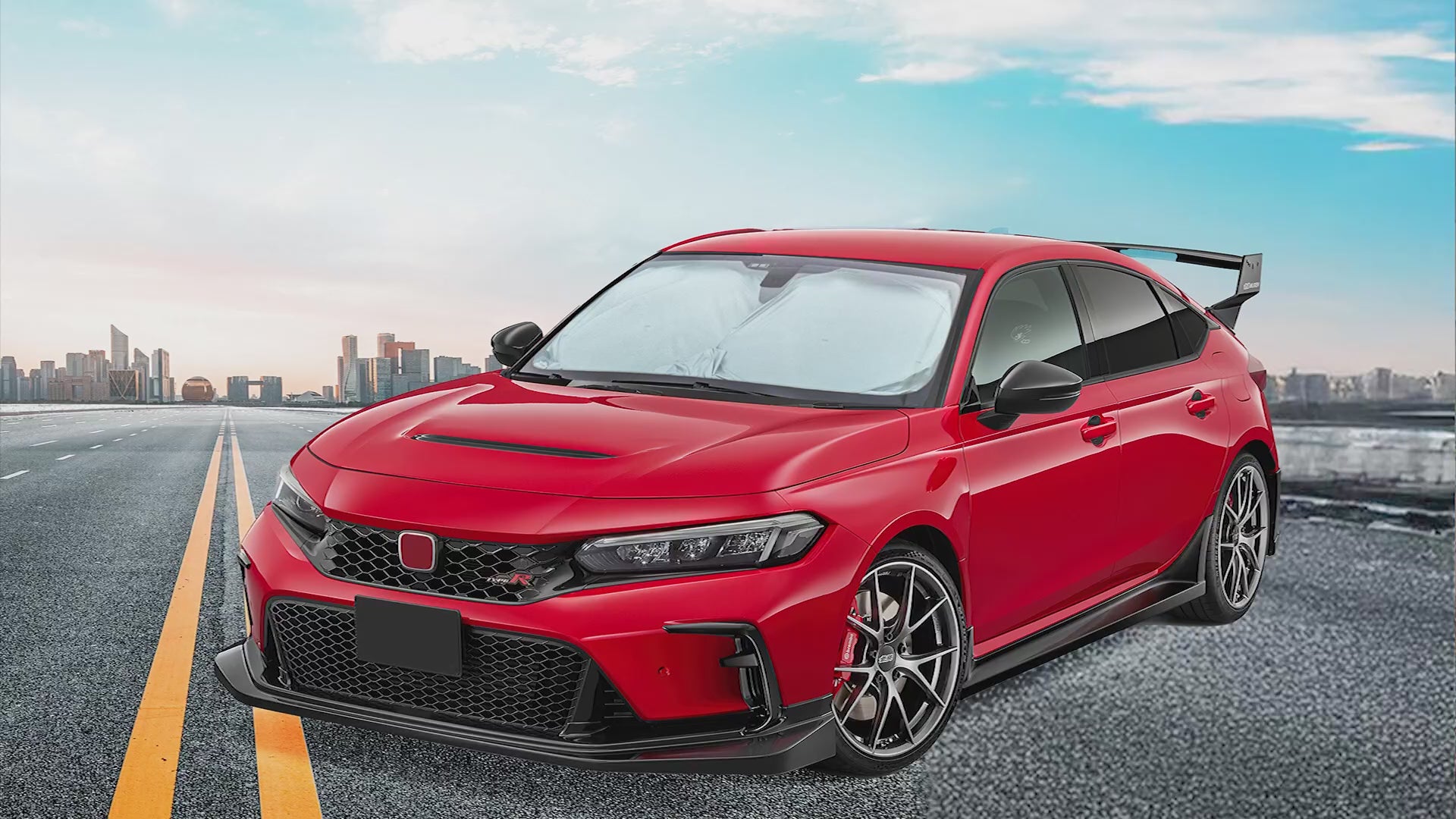 Windshield sun shade for Honda Civic 2016-2021, foldable car window sun visor protector, blocks UV rays, keeps car interior cooler, front windshield sunshade for Honda Civic, heat reducing sun blocker, automotive sun protection accessory, vehicle sun visor cover, foldable sun shield for sedan, car sunshade for Honda Civic