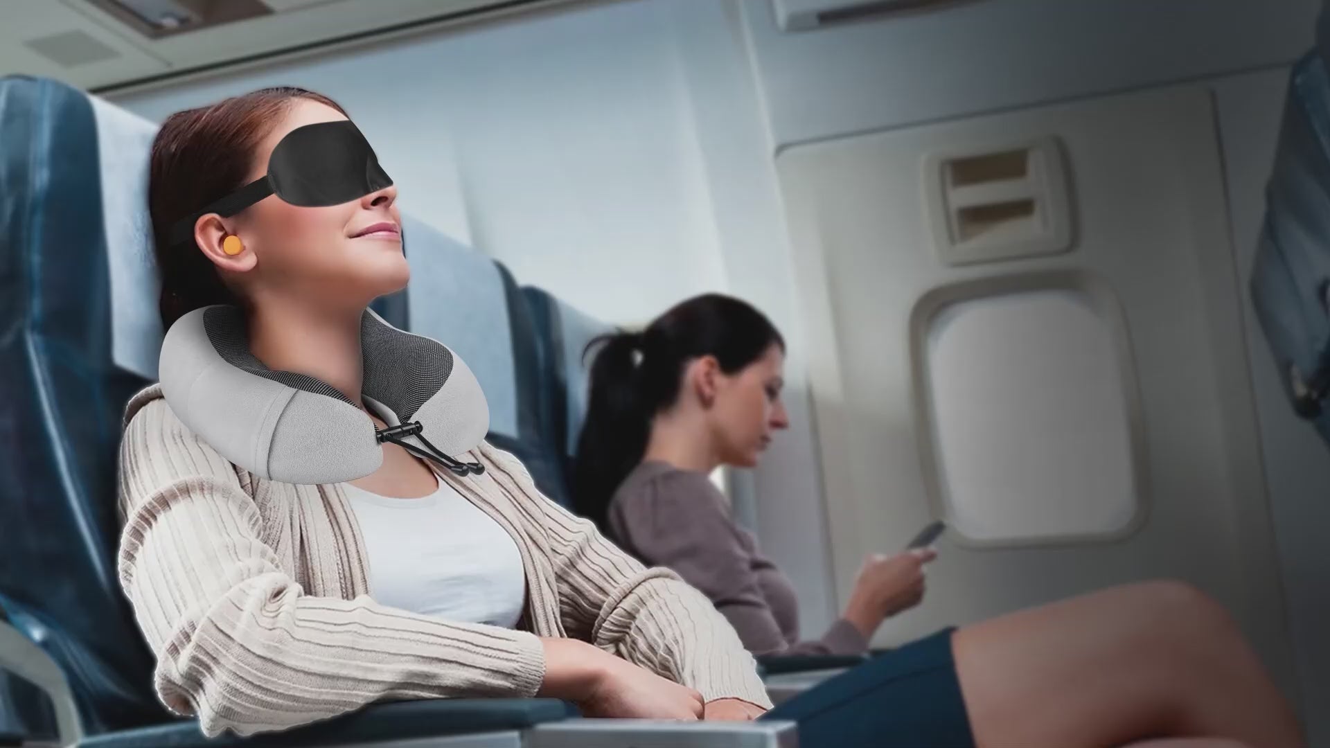 EcoNour Soft Travel Neck Pillow Set | Soft and Comfortable for Airplanes| Includes Eye Masks, Earplugs, & Mesh Bag | Neck Support with Adjustable Rope Memory Foam Support with Zipper