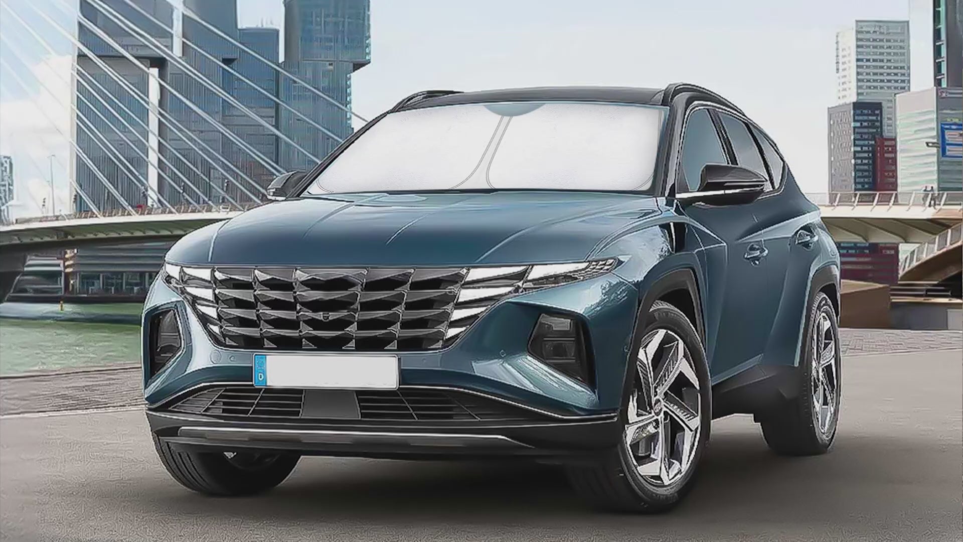 Windshield sun shade for Hyundai Tucson 2016-2021, foldable car window sun visor protector, blocks UV rays and sun heat, keeps car interior cooler, front windshield sunshade for Hyundai Tucson, heat reducing sun blocker, automotive sun protection accessory, vehicle sun visor cover, foldable sun shield for SUV, car sunshade for Hyundai Tucson