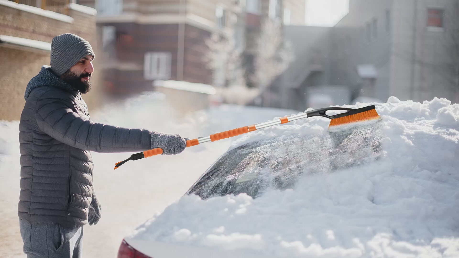 57 inch detachable snow brush with ice scraper for car windshield and windows 4 in 1 snow removal tool scratch free bristles durable ice scraper with EVA foam grip extendable snow brush perfect winter accessory for SUVs trucks jeeps