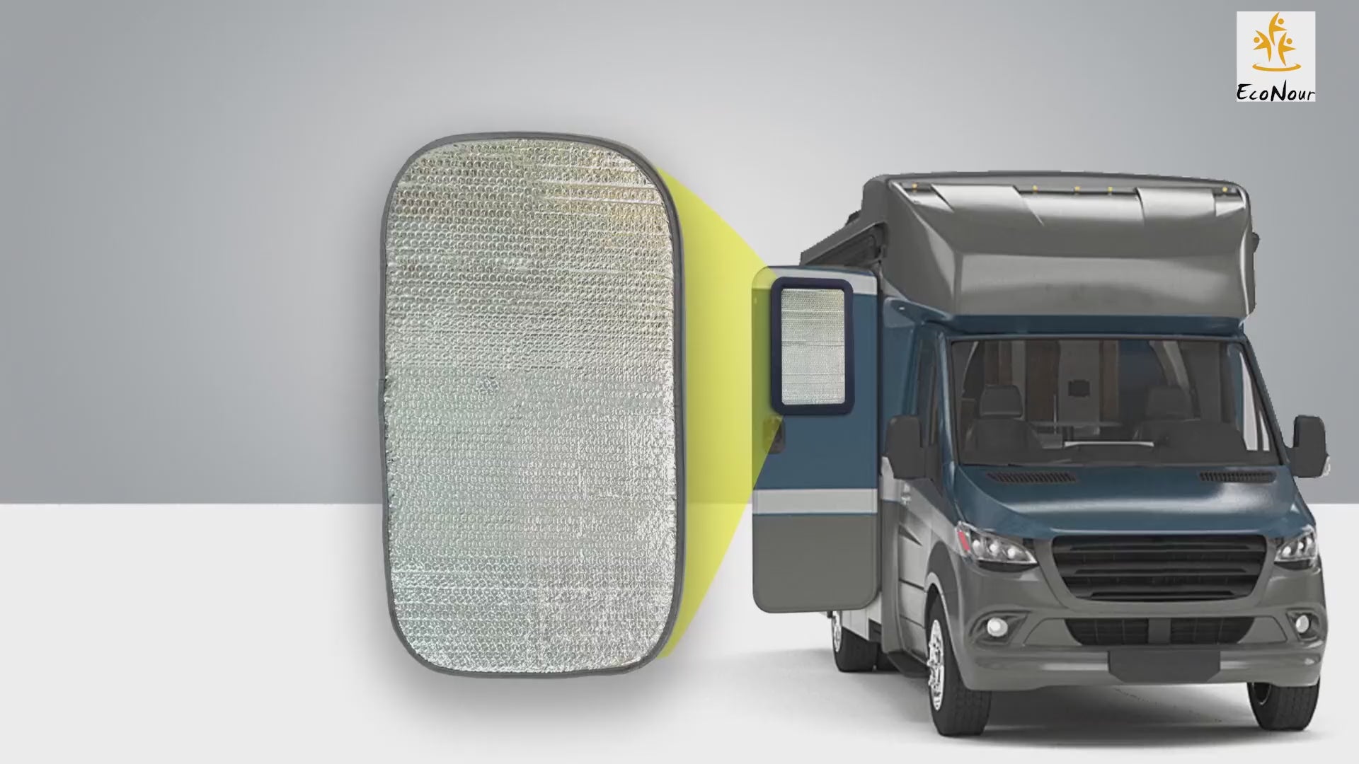RV window shade for camper and trailer door windows, foldable blackout sunshade for privacy and UV protection, camper window cover for travel trailers, motorhomes, and RV accessories.