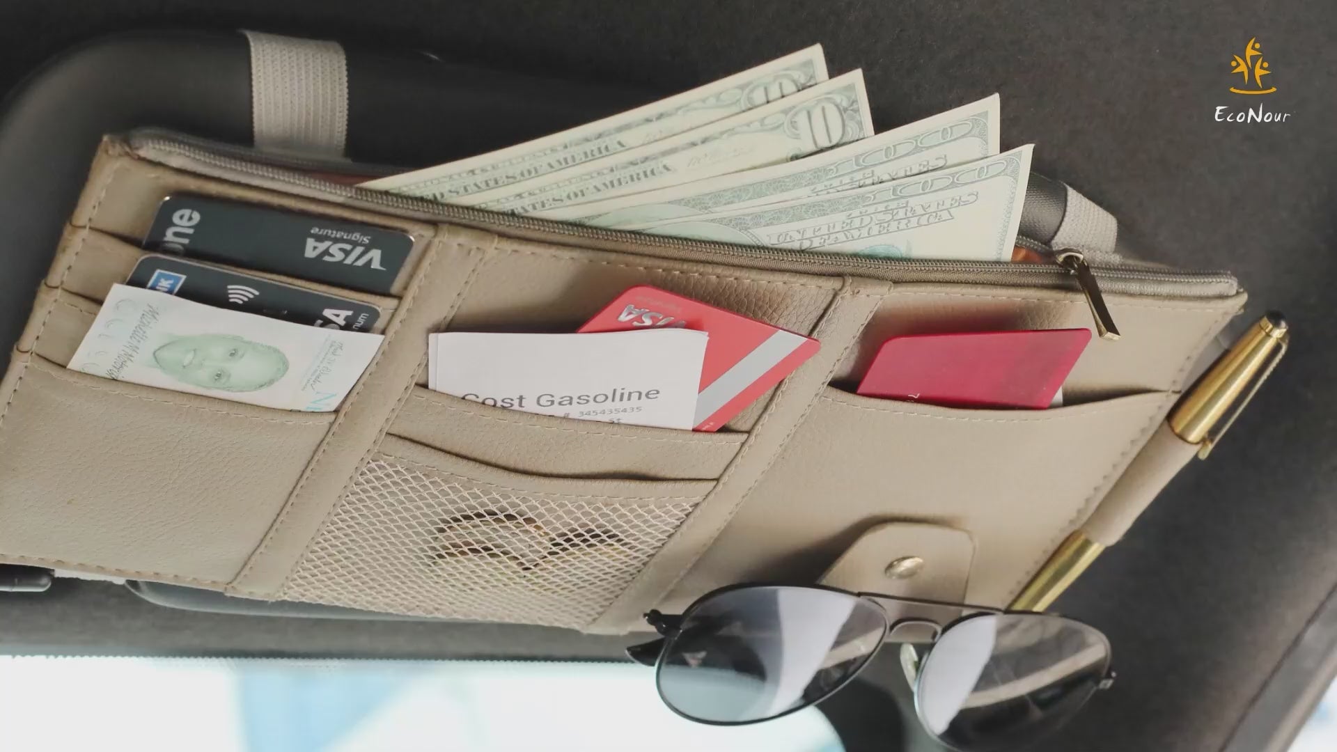 Car sun visor organizer in beige with multi-pocket zipper case, storage pouch for cash, cards, pens, sunglasses, and small essentials, universal visor organizer for cars and trucks, stylish interior accessory for convenient storage.