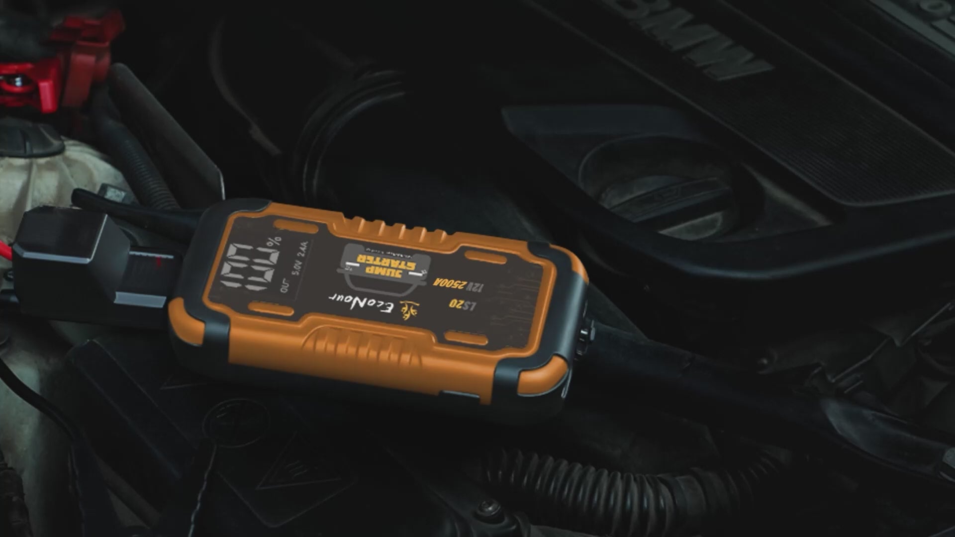 2500A portable car jump starter 12V battery booster pack heavy duty jump box with smart jumper cables USB charger LED flashlight emergency power bank for cars trucks SUVs up to 8.5L gas 6L diesel engines