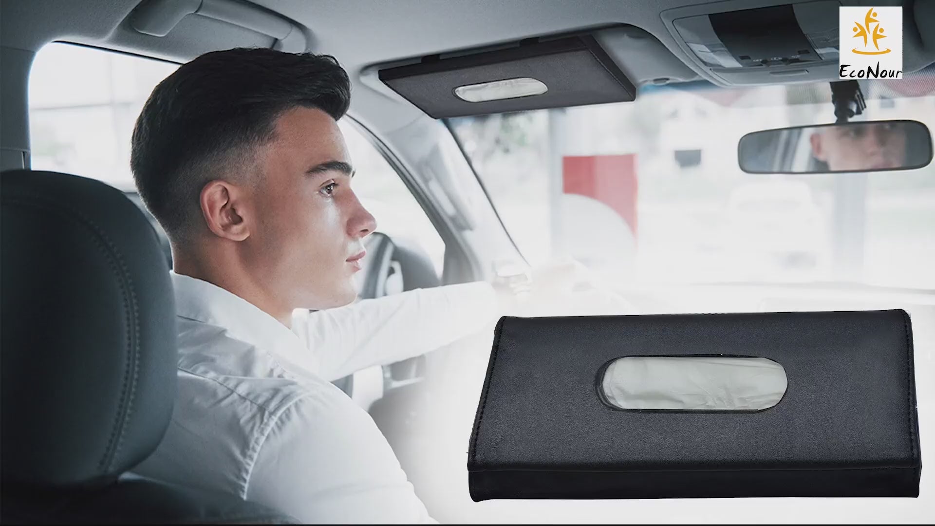 Car tissue holder 9 x 5 inches in black, compact sun visor napkin holder for tissues and disposable masks, handy organizer for car interior, keeps essentials accessible and neatly stored while driving.