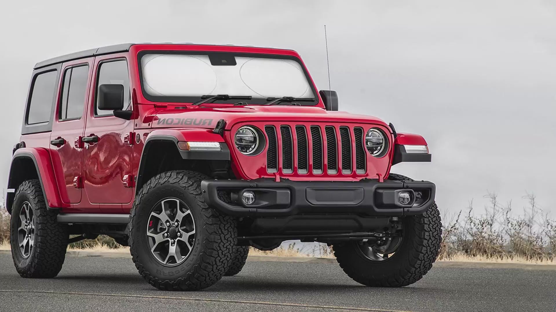 Jeep windshield sunshade X-small 60x21 inches front window sun visor protector blocks UV rays and heat fits Wrangler Gladiator Rubicon models keeps car interior cool and comfortable foldable automotive sunshade