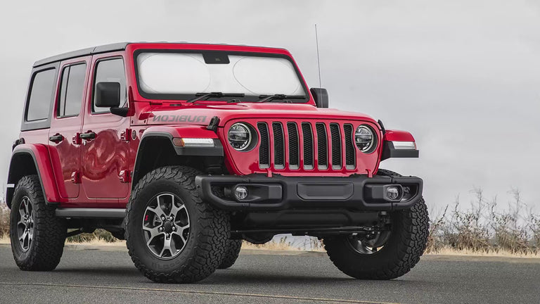 Jeep windshield sunshade X-small 60x21 inches front window sun visor protector blocks UV rays and heat fits Wrangler Gladiator Rubicon models keeps car interior cool and comfortable foldable automotive sunshade