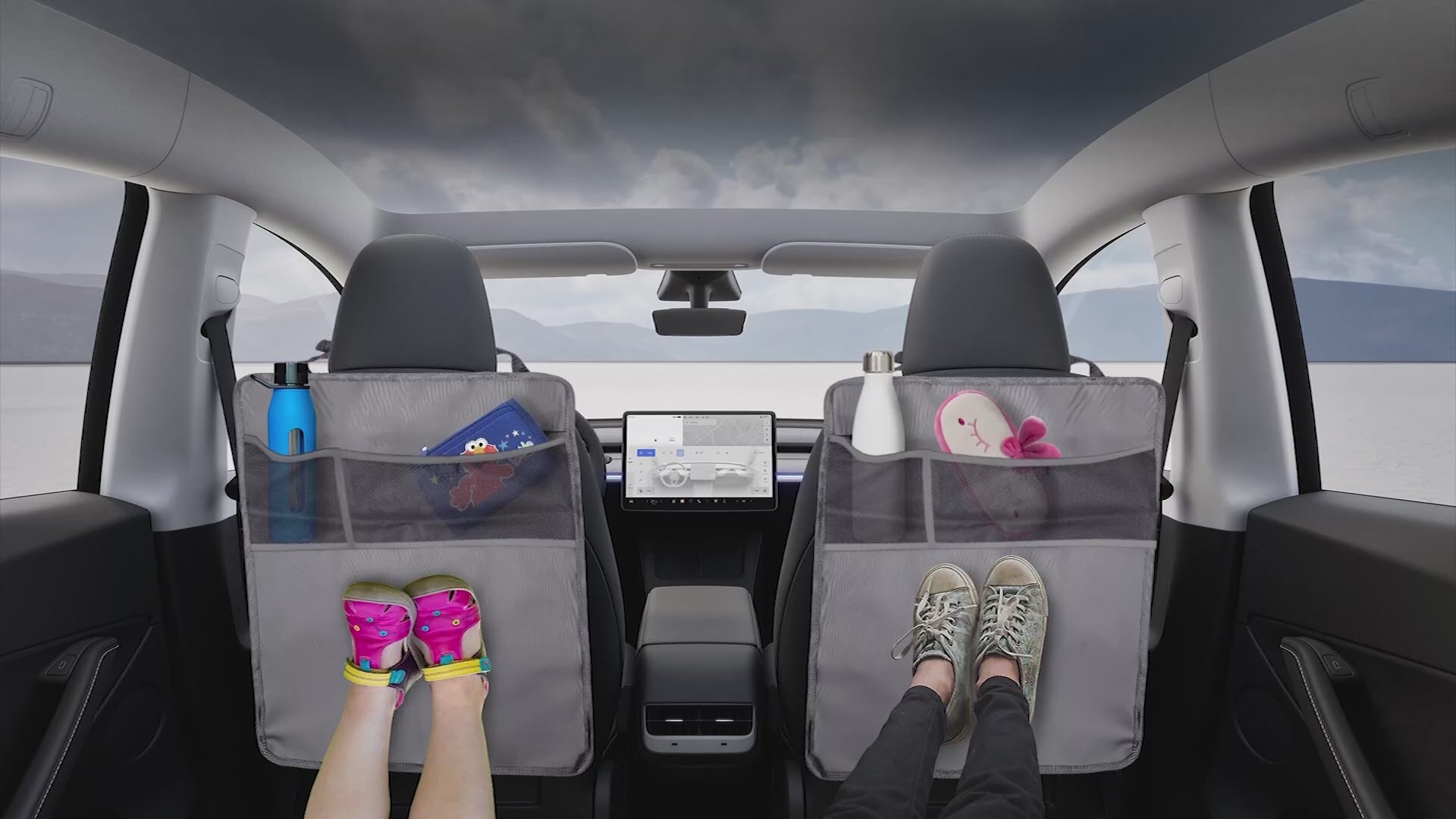 2-pack back of seat protector for kids' feet, grey Oxford fabric car kick mats with 2-pocket organizer, protects car seats from dirt, mud, spills, and scratches, automotive seat cover accessory, durable car interior protector for vehicles, rear seat protection, easy to install car seat kick guard, car interior organizer and seat shield