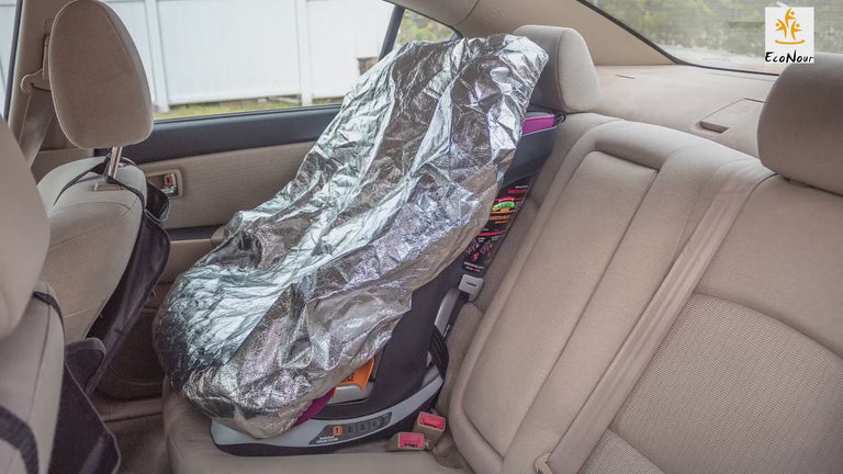 Baby car seat sun shade cover, reflective infant carseat sunshade to block heat and UV rays, keeps toddler car seat cool, foldable sun protector for front and rear seats, portable baby travel accessory for cars, SUVs, and trucks.