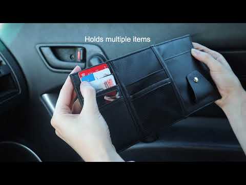 Car sun visor organizer in black with multi-pocket zipper case, storage pouch for cash, cards, pens, sunglasses, and small essentials, universal visor organizer for cars and trucks, practical interior accessory for everyday use.